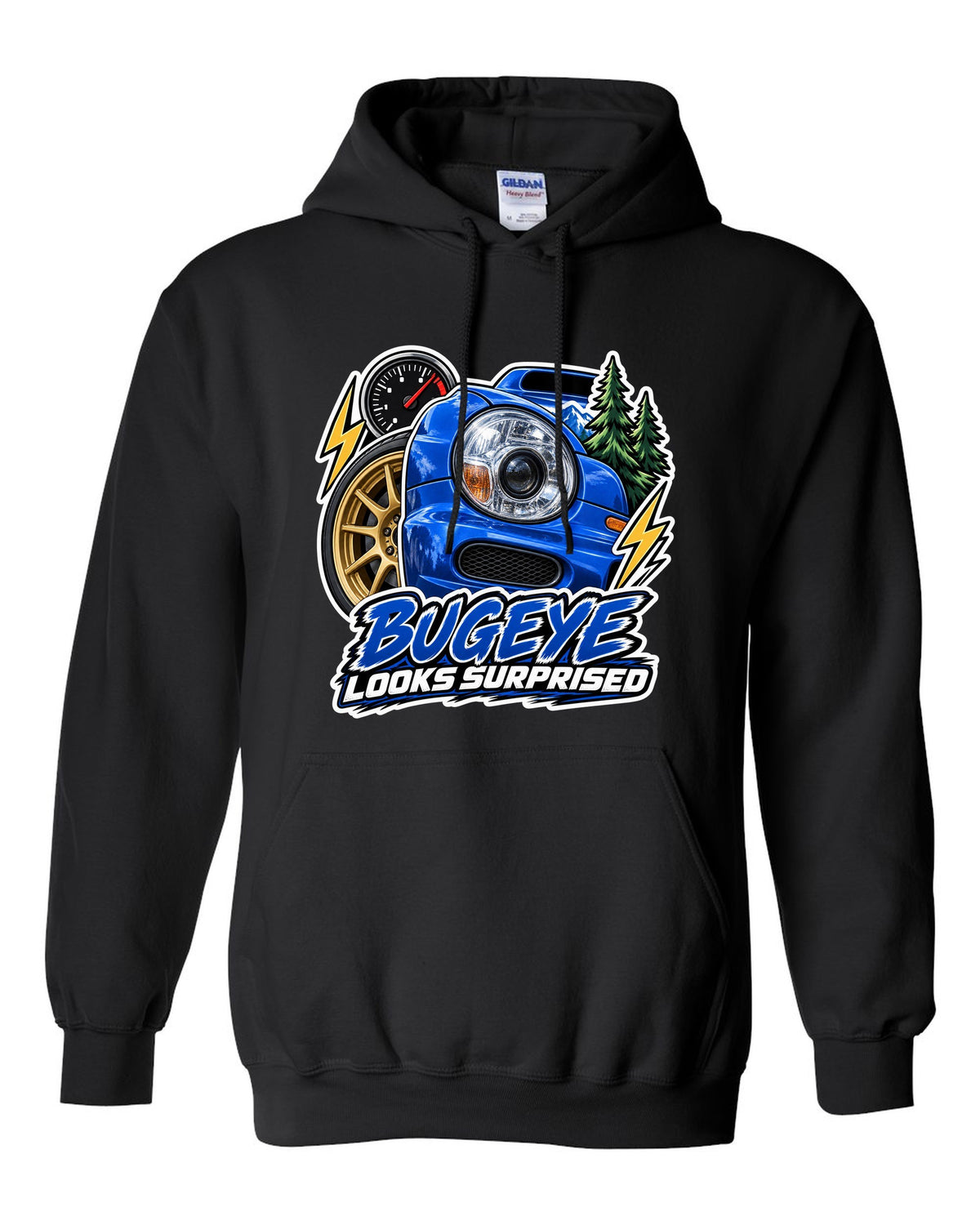 Sticker-bomb collage of a Subaru Impreza WRX GDB Bugeye black pull over hoodie front view with the design