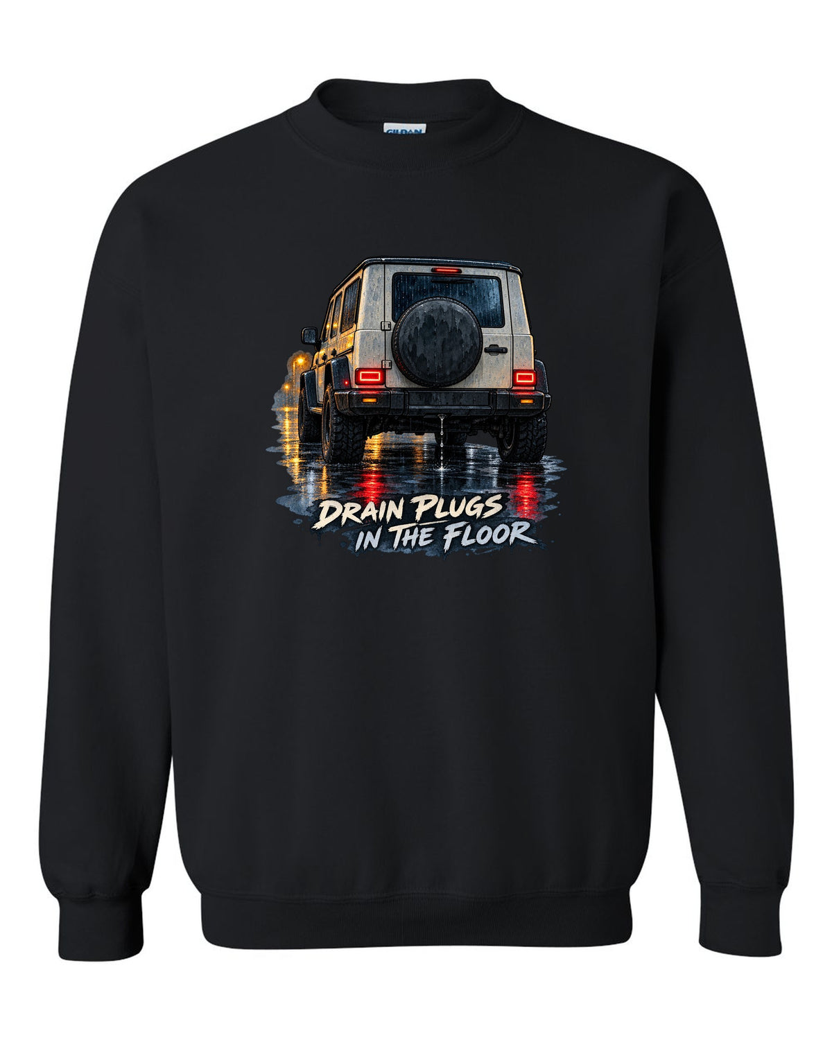 Jeep Wrangler JL taillight reflections on wet road in watercolour with drain plugs in the floor text black crewneck front view with the design