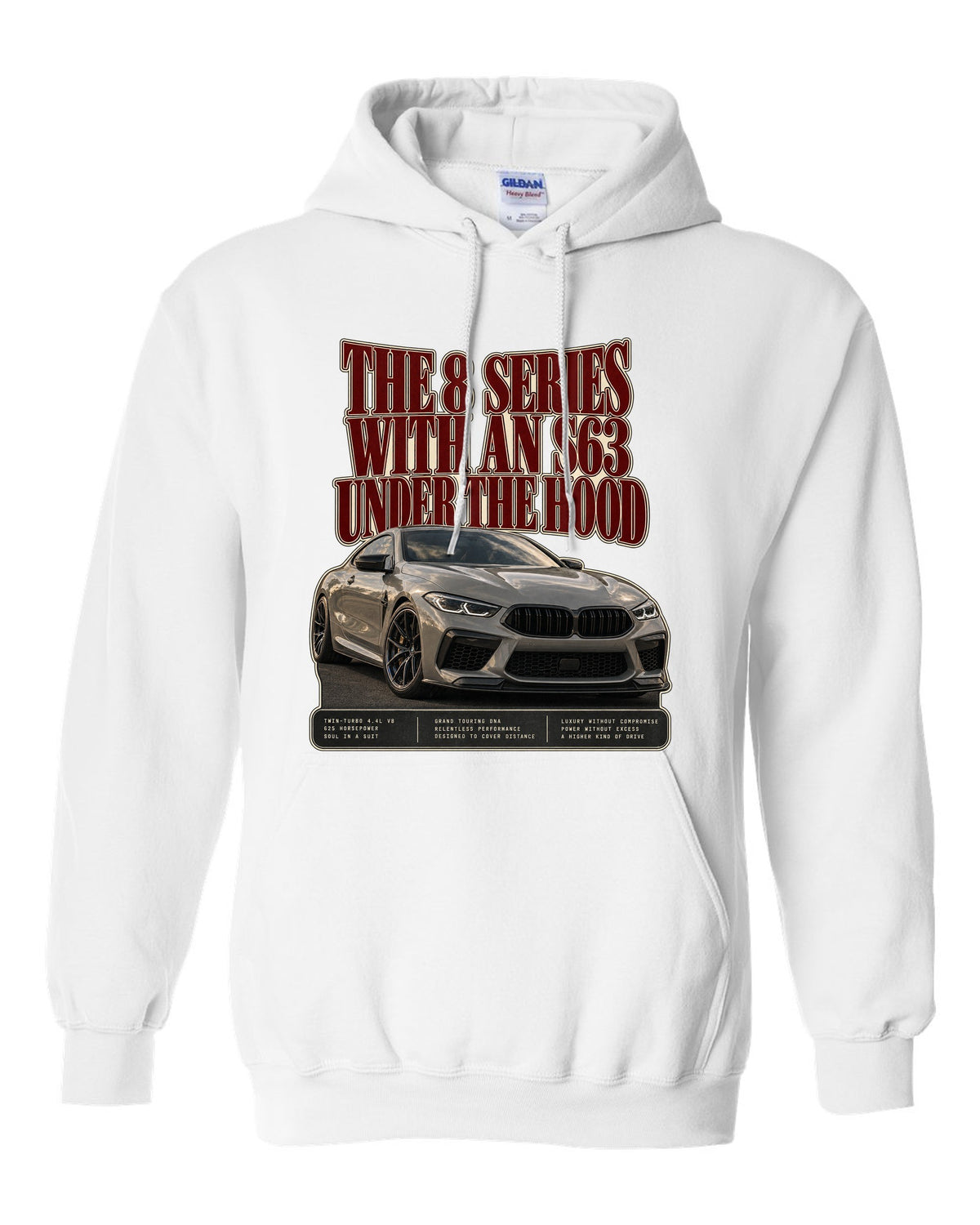 BMW M8 Competition Coupe F92 editorial headline print on a tee white pull over hoodie front view with the design