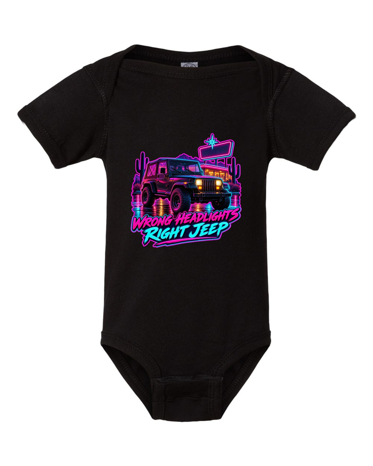 Synthwave diner scene illustration of a Jeep Wrangler YJ with WRONG HEADLIGHTS RIGHT JEEP lettering black baby onesie front view with the design