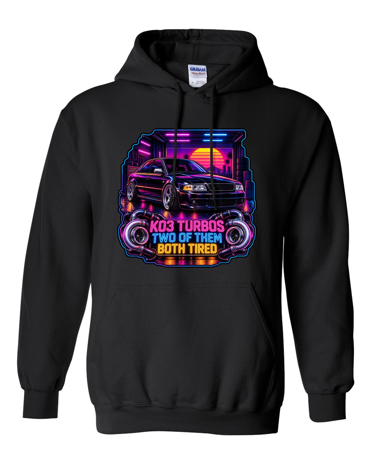 Synthwave print of an Audi S4 B5 sedan with K03 turbos text black pull over hoodie front view with the design