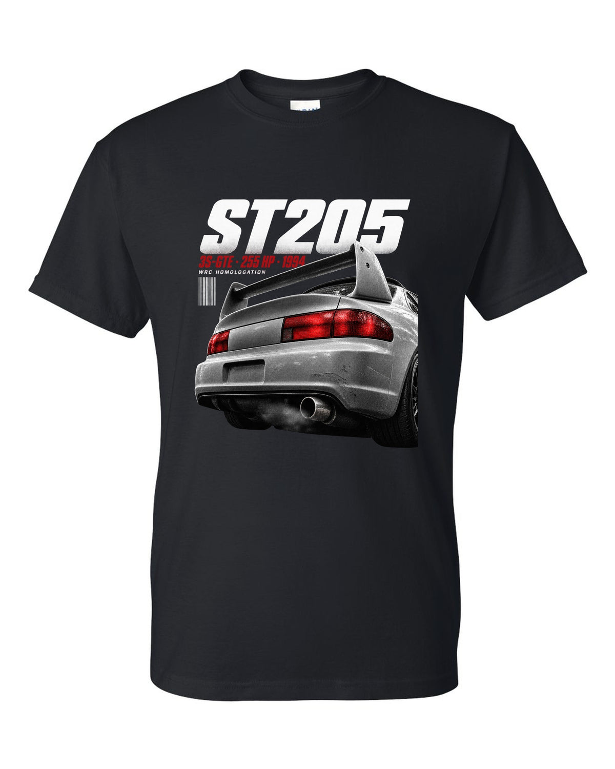 Macro detail of the Toyota Celica GT-Four ST205 rear wing with 3S-GTE text black t-shirt front view with the design