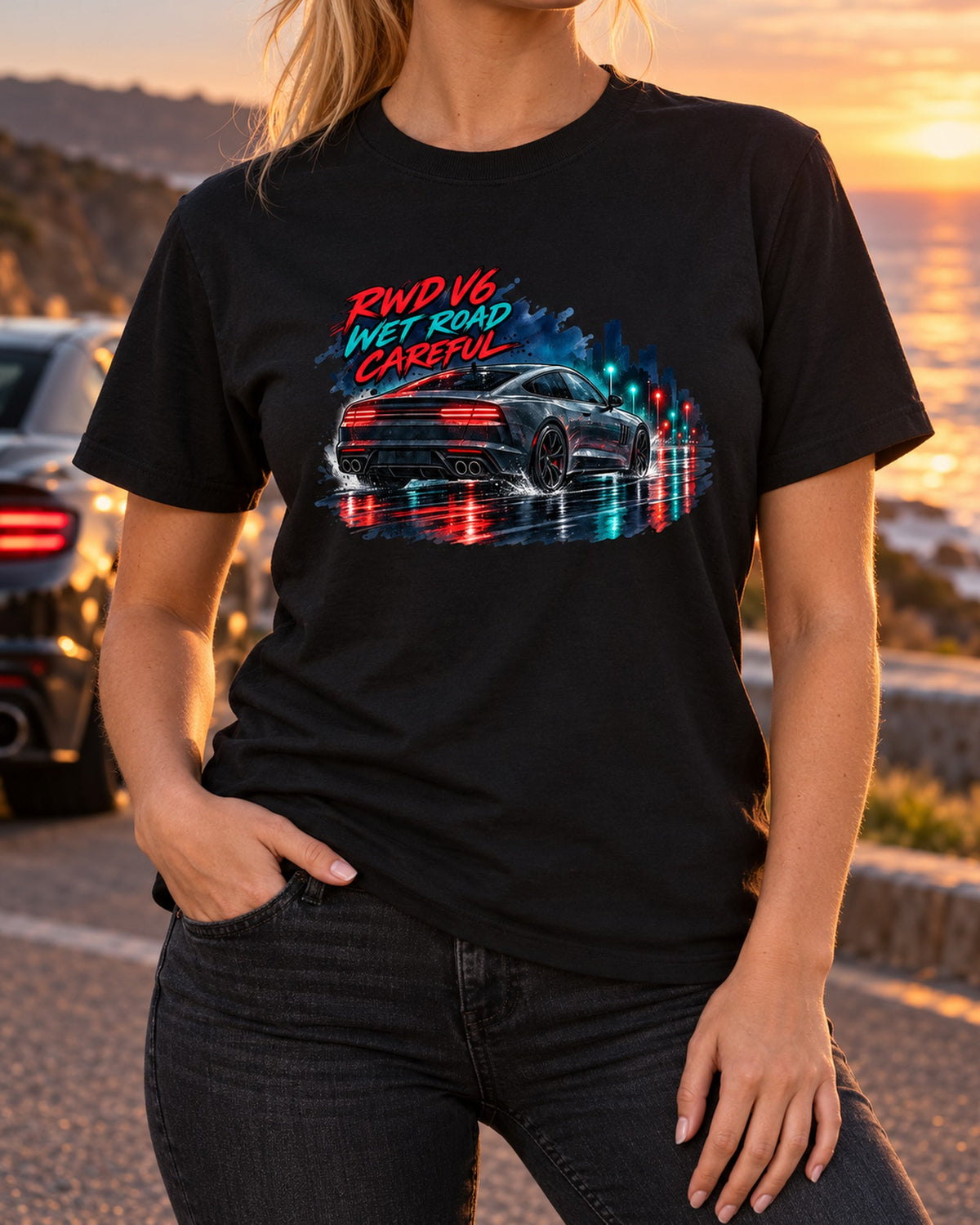 Kia Stinger GT CK Wet Road Watercolour Night Shirt, RWD V6 T-Shirt Black worn hero