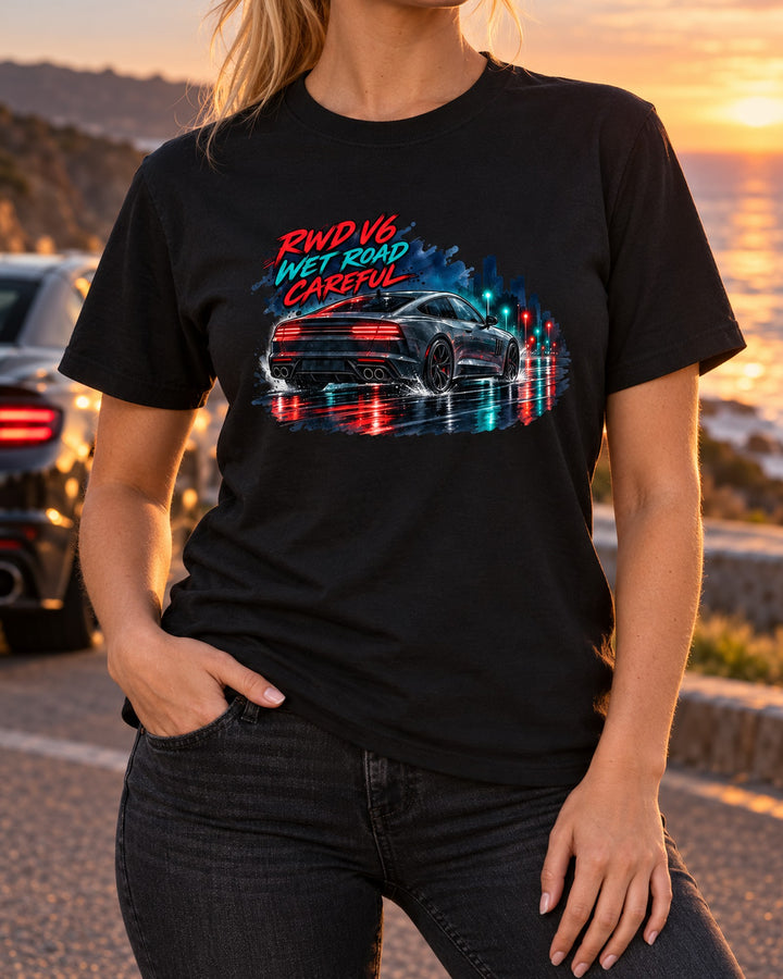 Kia Stinger GT CK Wet Road Watercolour Night Shirt, RWD V6 T-Shirt Black worn hero