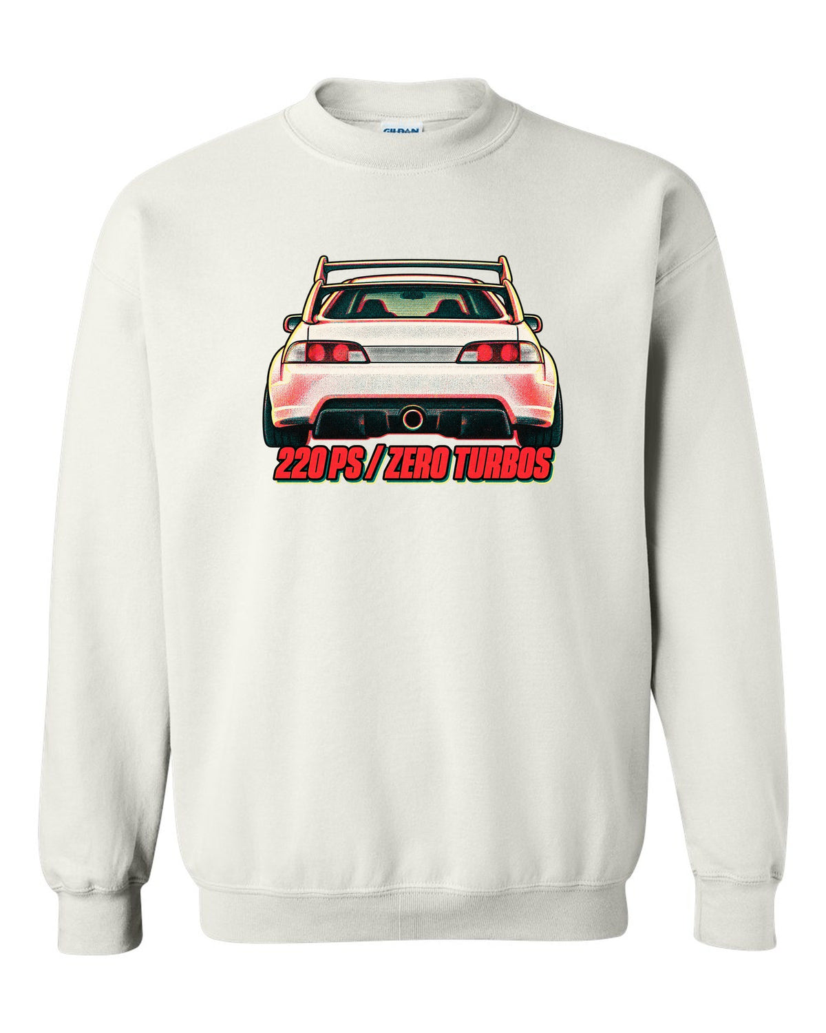 Risograph duotone print of a Honda Integra Type R DC5 with 220 PS zero turbos text white crewneck front view with the design
