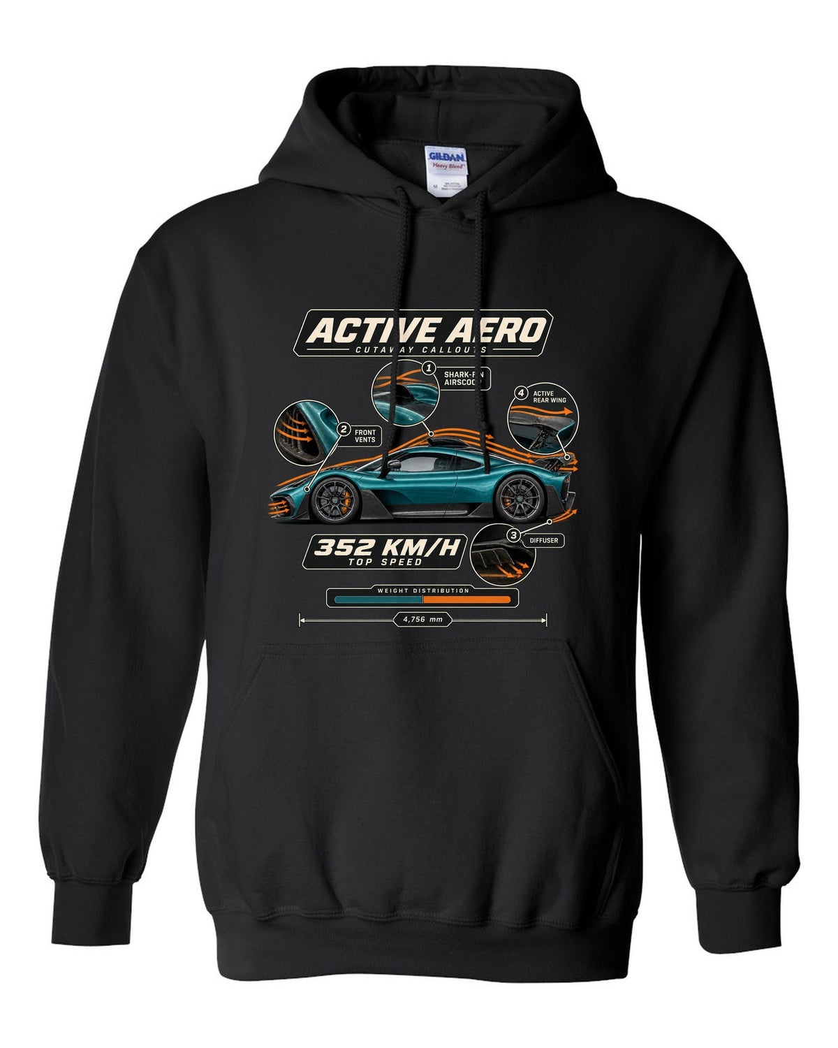 Mercedes-AMG One aero callout cutaway diagram with active aero labels black pull over hoodie front view with the design