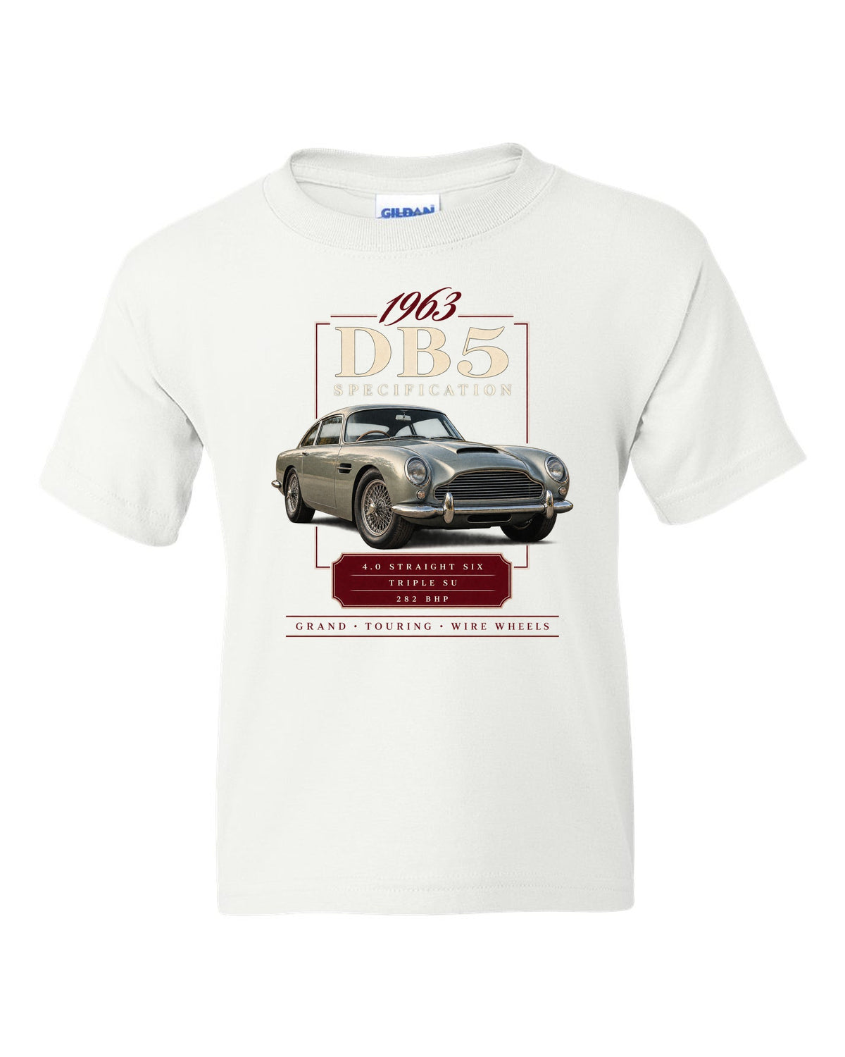 Aston Martin DB5 wire wheel archive specification panel white kids tee front view with the design