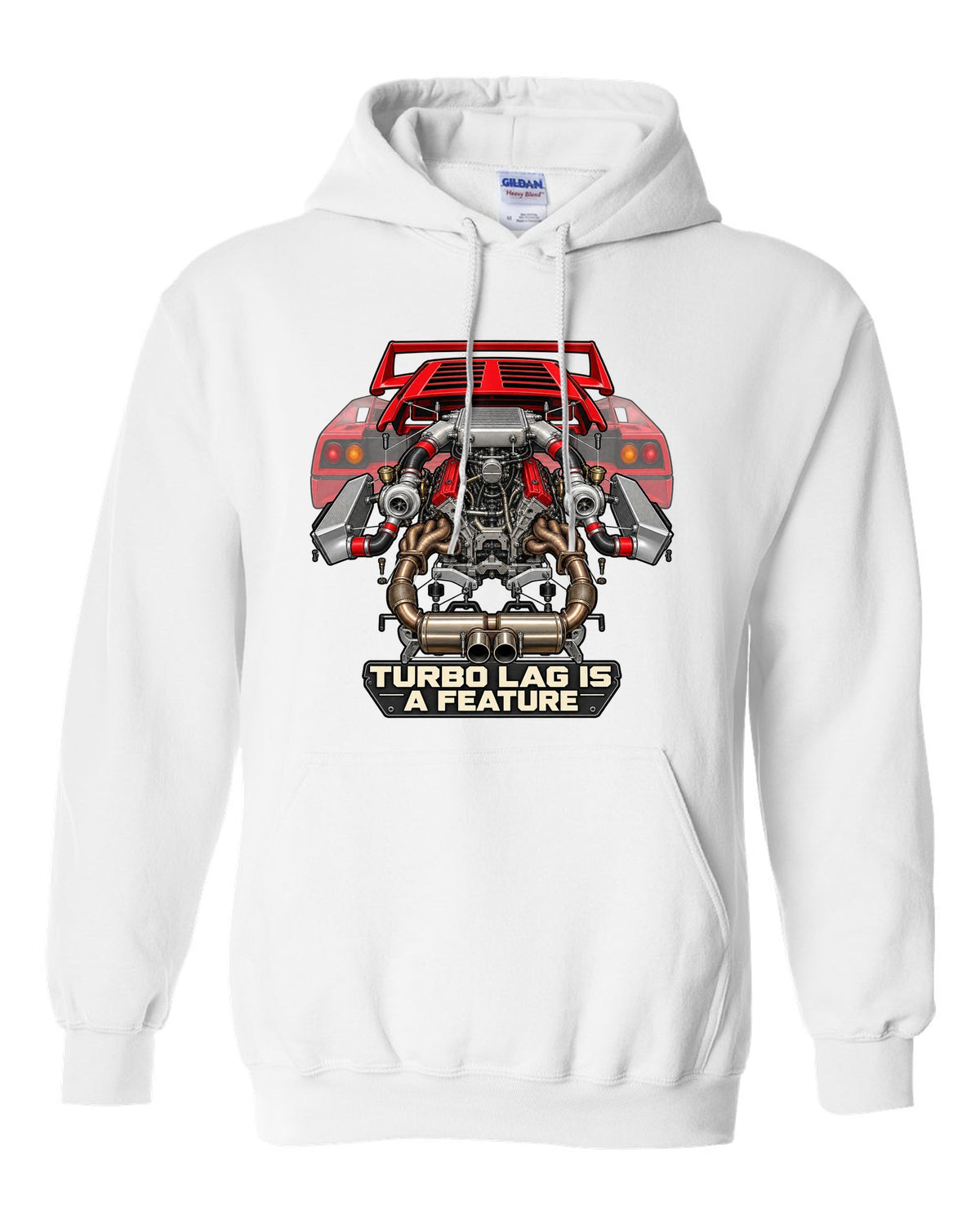 Exploded engine cutaway print of a Ferrari F40 F120 with turbo lag is a feature text white pull over hoodie front view with the design