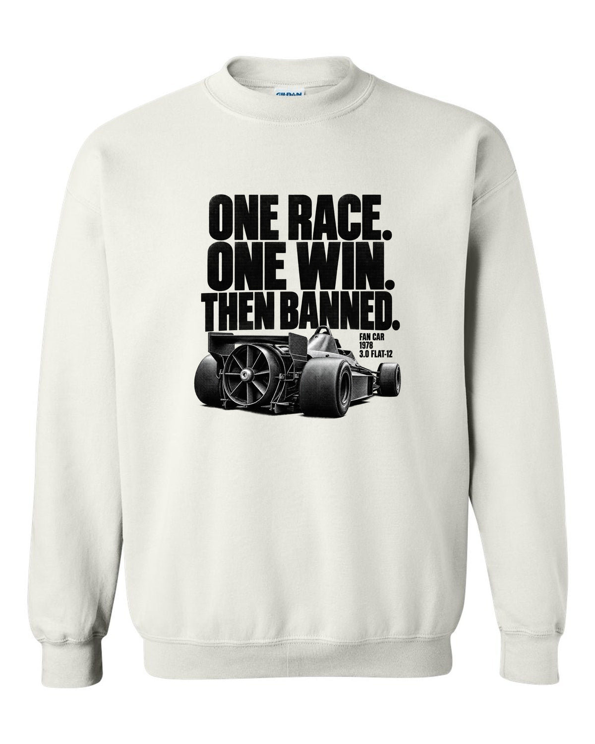 Brabham BT46B fan car halftone print with one race one win text white crewneck front view with the design