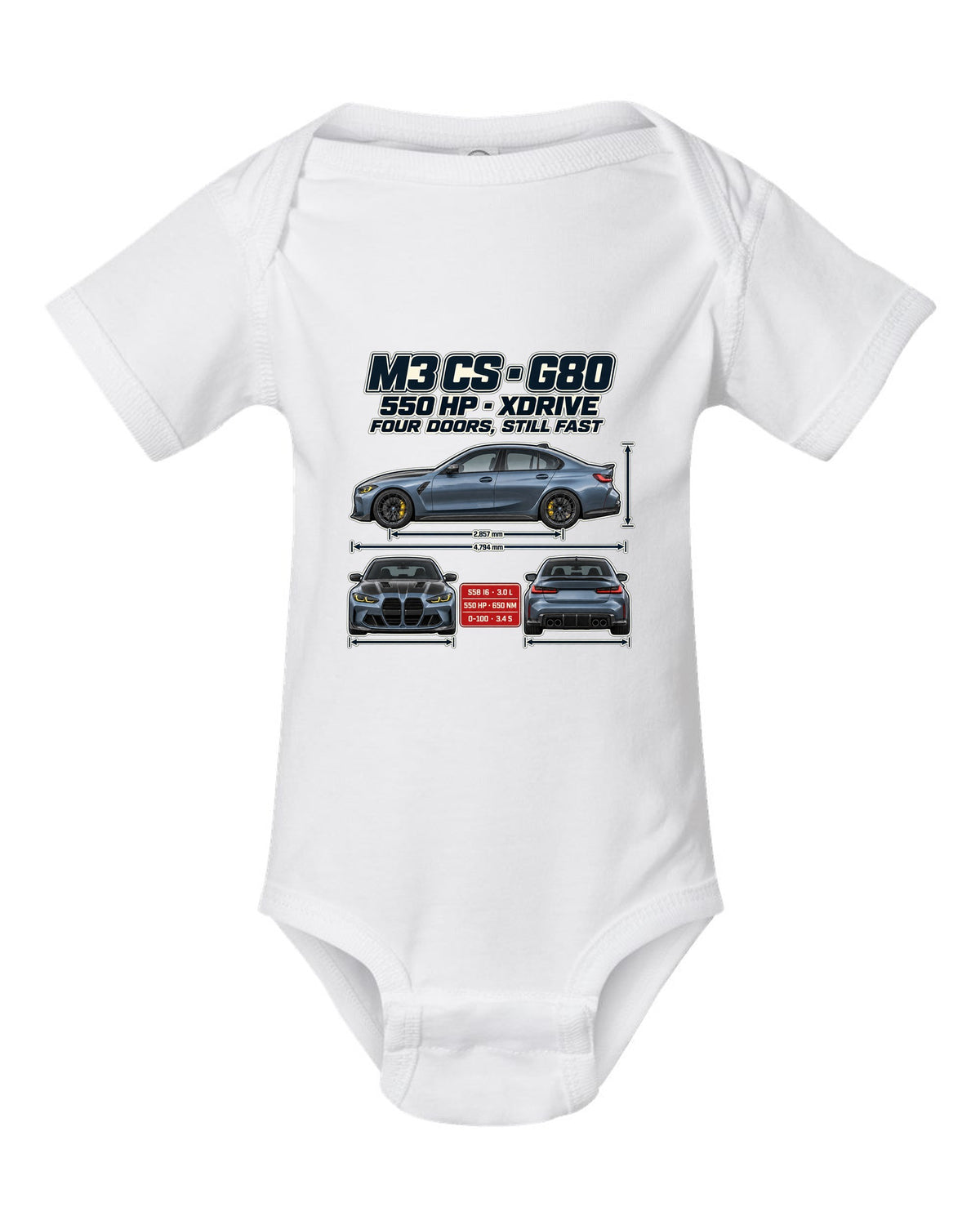 BMW M3 CS G80 2023 spec poster print white baby onesie front view with the design