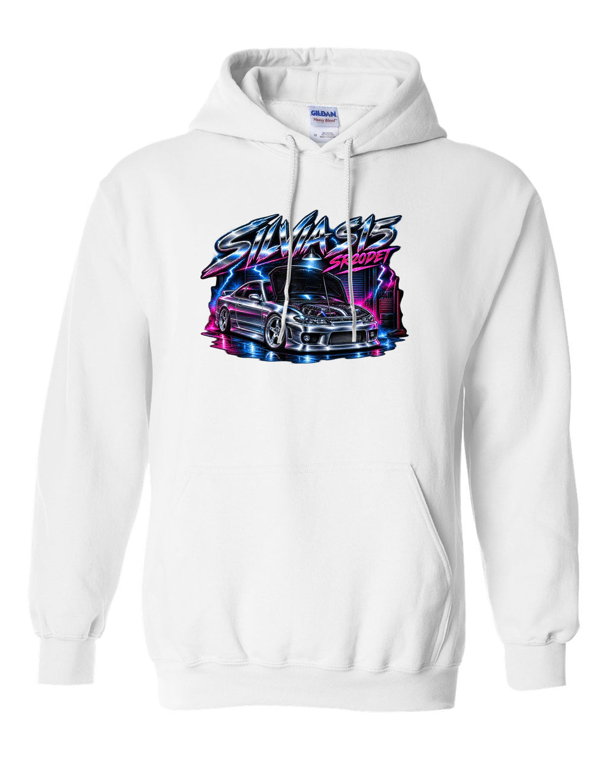 Airbrush chrome poster print of a Nissan Silvia S15 with SR20DET lettering white pull over hoodie front view with the design