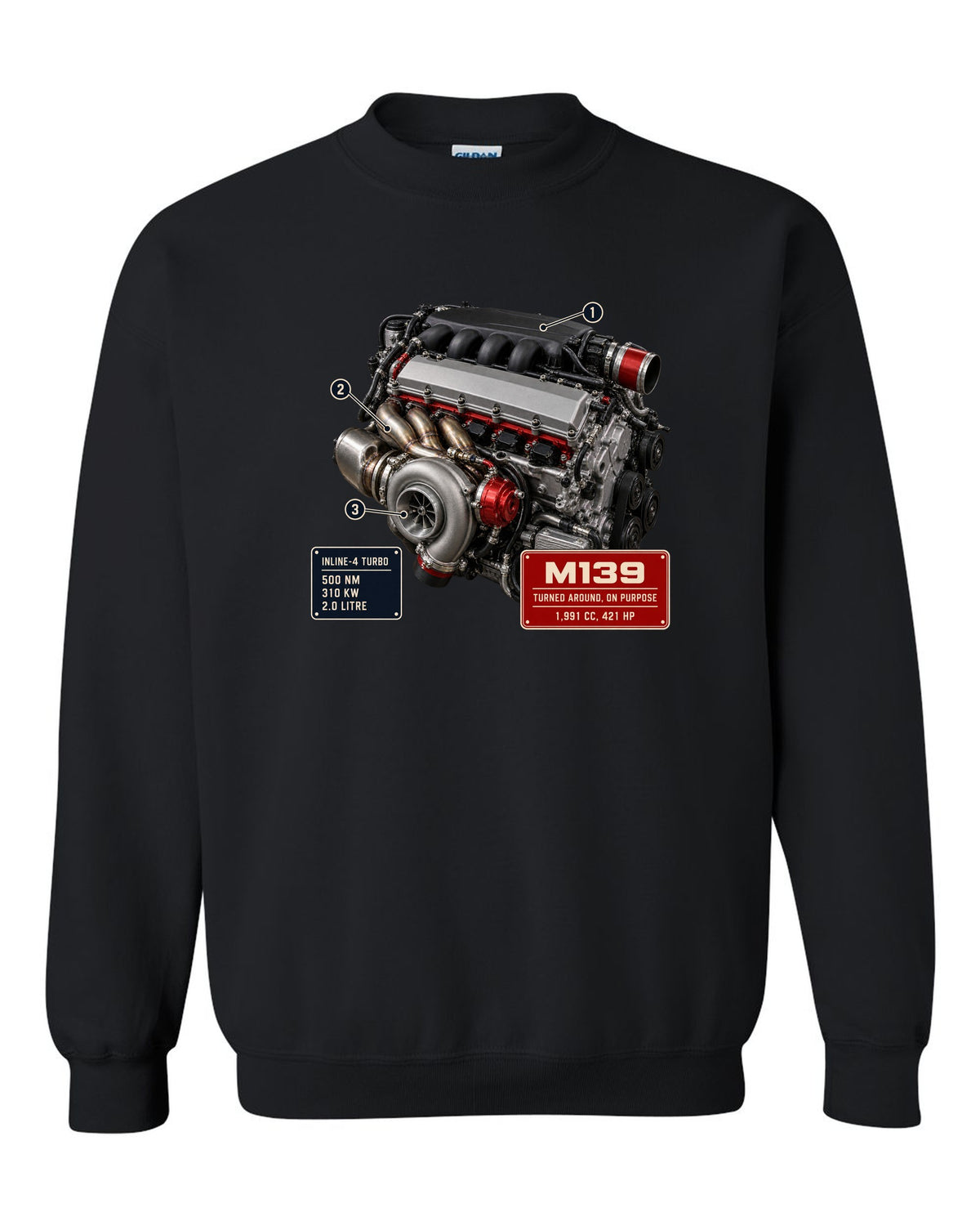 Mercedes-AMG M139 2.0 litre turbo four engine hero print black crewneck front view with the design