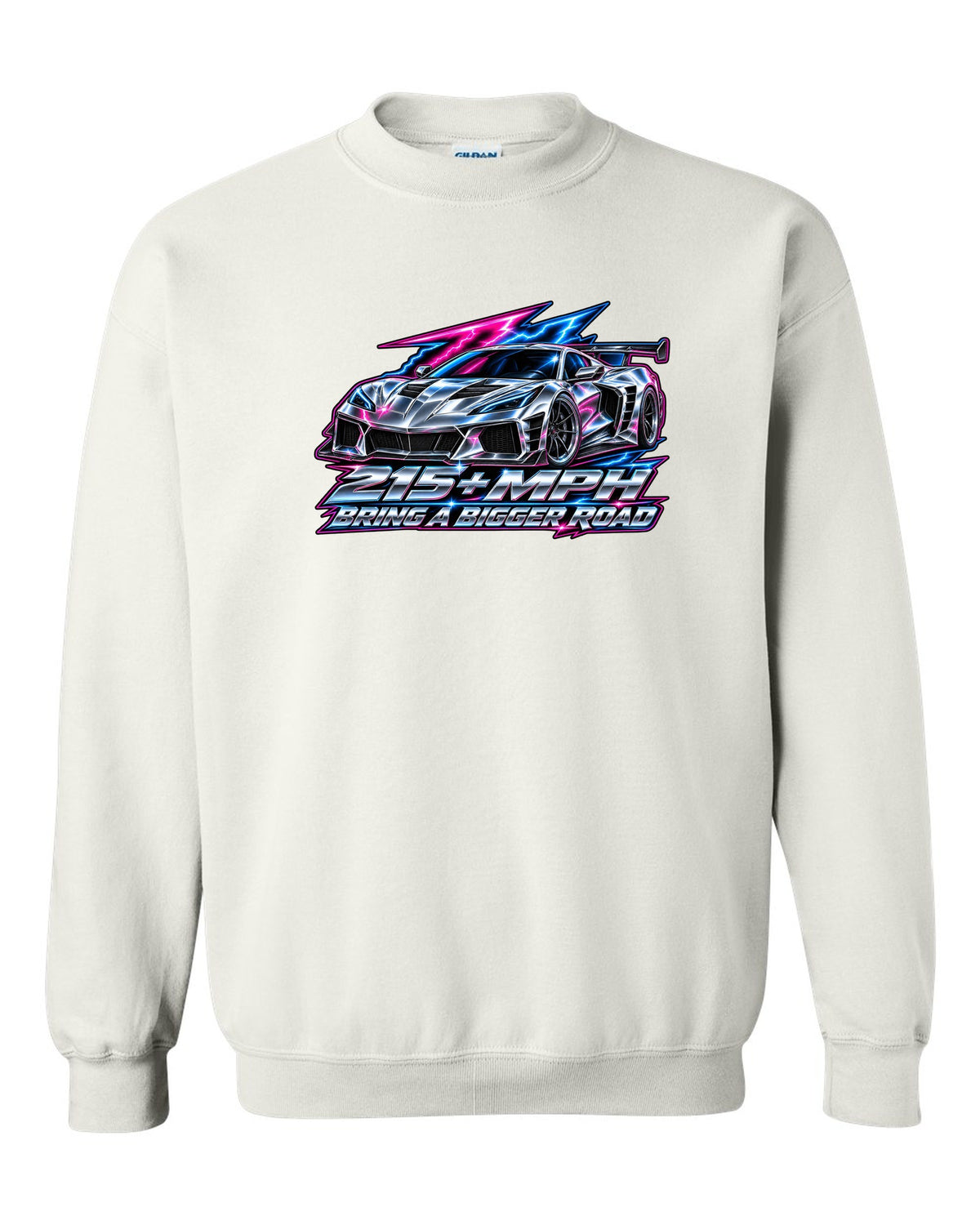 Gauge-cluster HUD design with a 2025 C8 Corvette ZR1 and 215 plus mph lettering white crewneck front view with the design