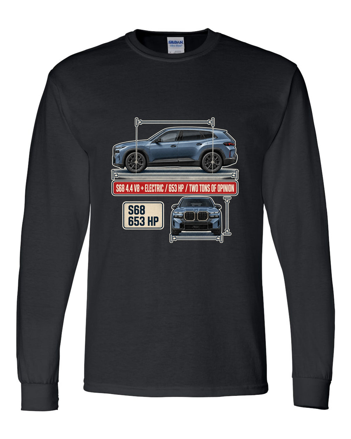 BMW XM G09 dimension blueprint print on a tee black long sleeve front view with the design
