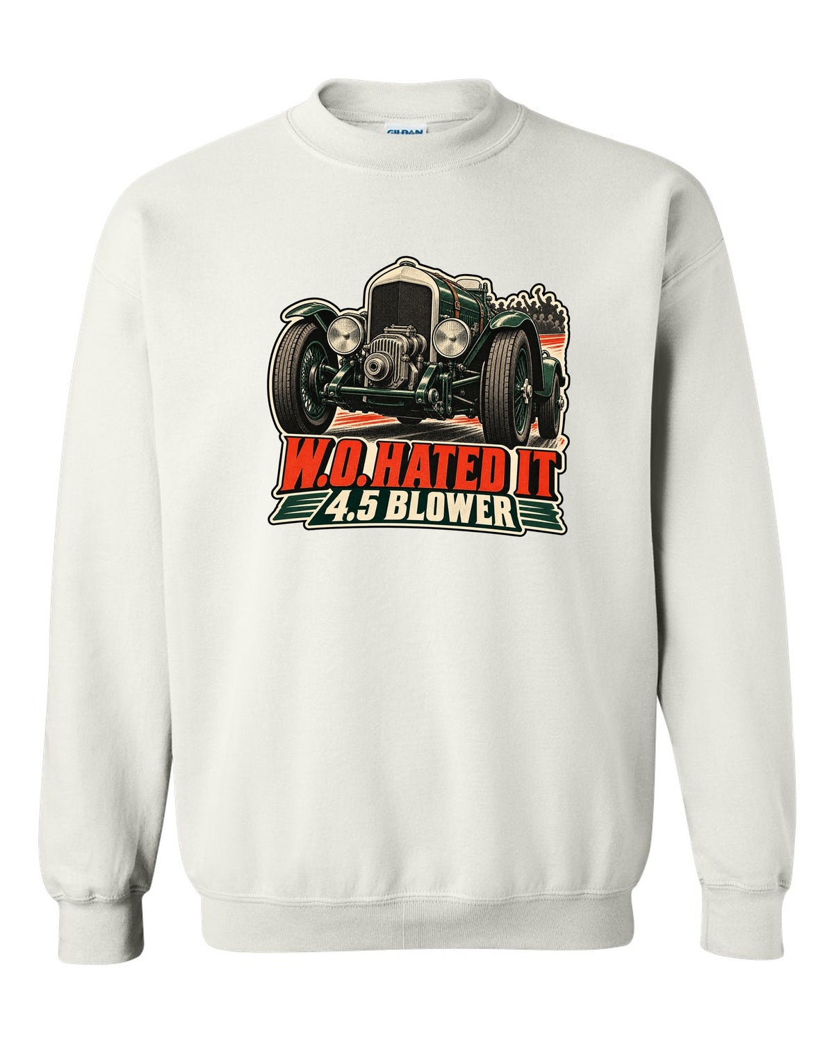 Vintage race poster style print of the 1929 Bentley 4.5 Litre Blower with W.O. lettering white crewneck front view with the design