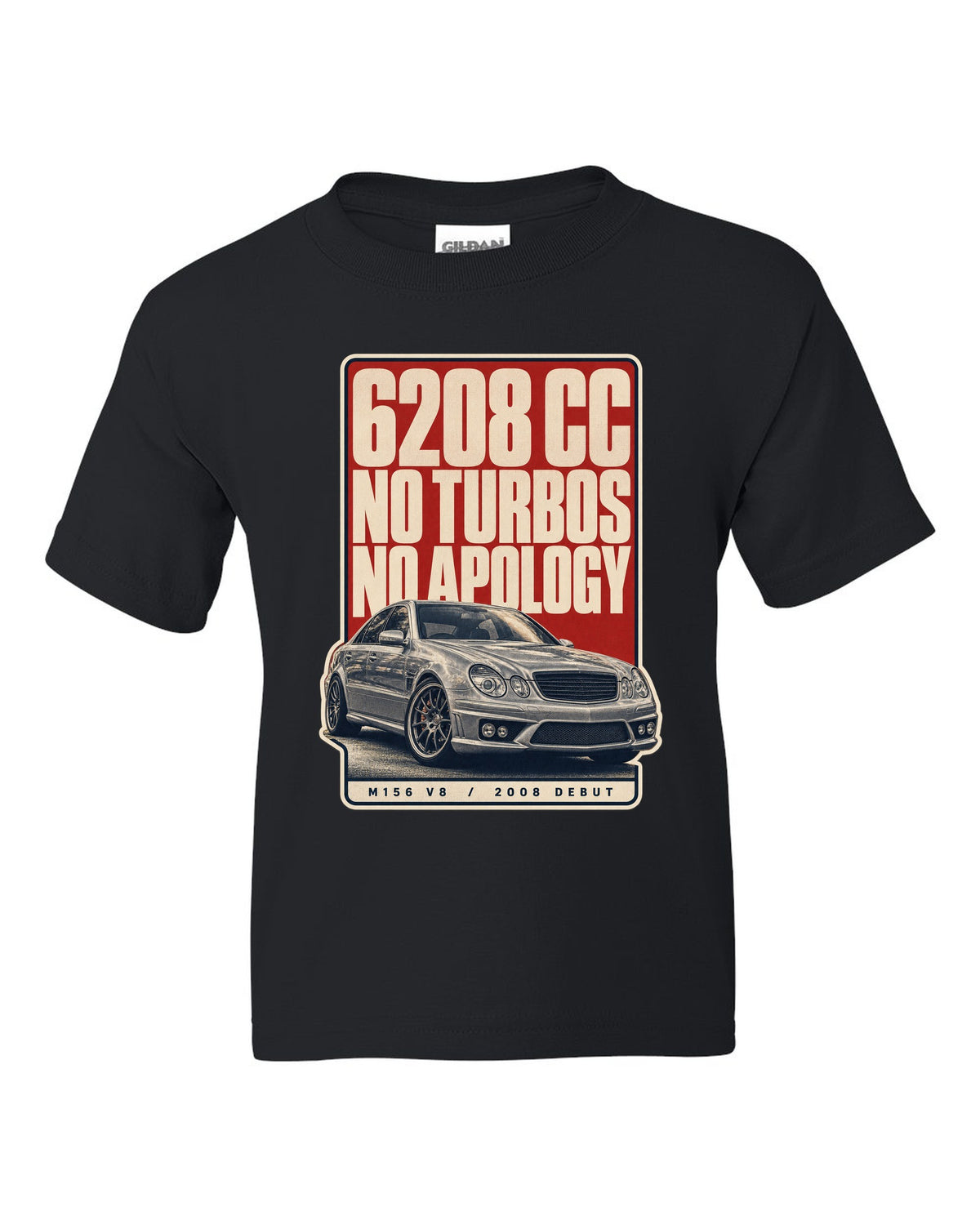 Mercedes-AMG C63 W204 sedan with editorial headline in silver-grey black kids tee front view with the design