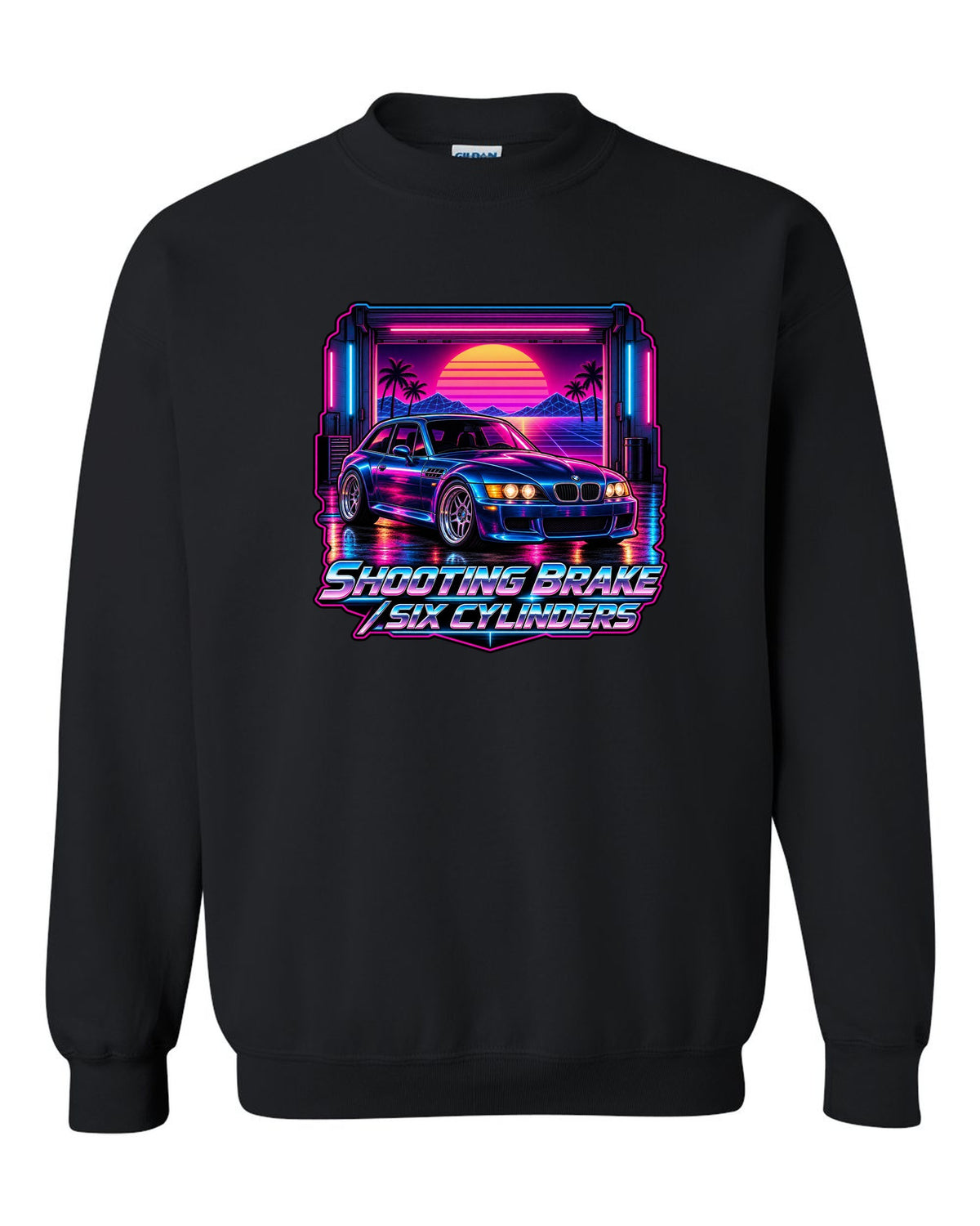 BMW Z3 M Coupe synthwave outrun print with shooting brake text black crewneck front view with the design