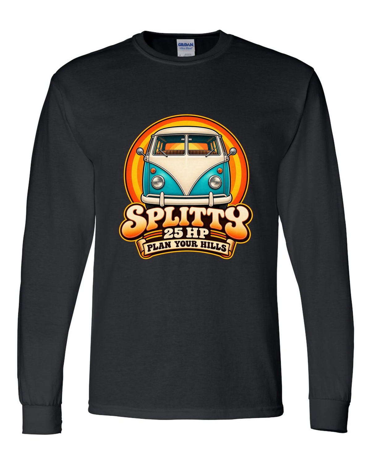 80s airbrush chrome style VW Bus T1 Type 2 Splitty with 25 HP plan your hills text black long sleeve front view with the design