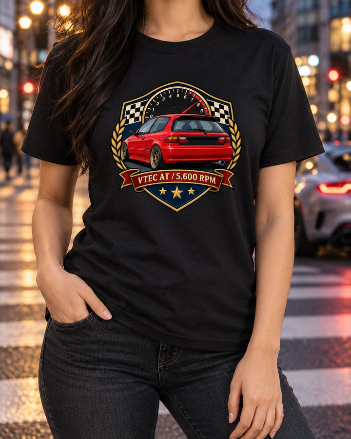 Honda Civic EG6 SiR VTEC Crossover Crest Shirt, 5,600 RPM T-Shirt Black worn hero