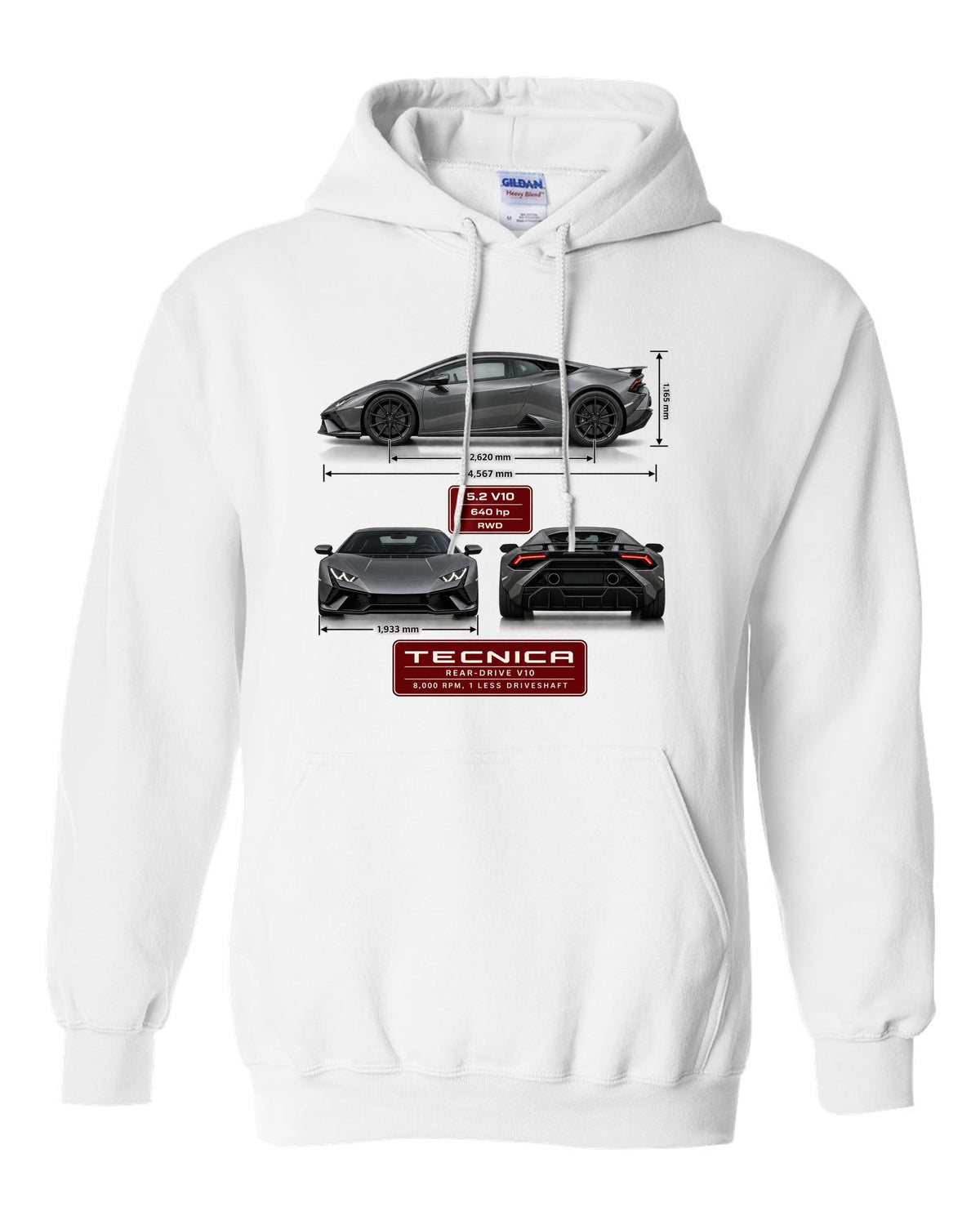 Three-view spec table print of the Lamborghini Huracan Tecnica white pull over hoodie front view with the design
