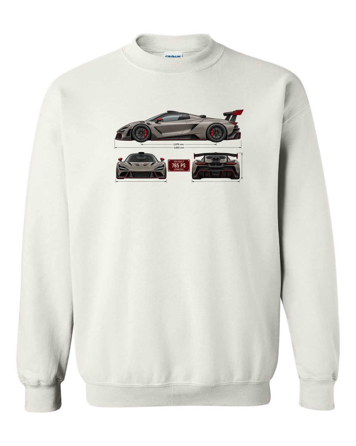Three-view spec print of a McLaren 765LT, 765 built, 765 PS white crewneck front view with the design