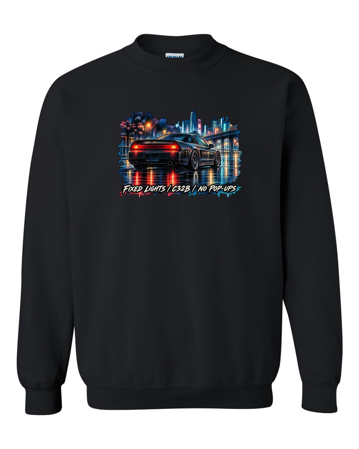 Watercolour wet-road night print of a Honda NSX NA2 with fixed lights C32B no pop-ups text black crewneck front view with the design