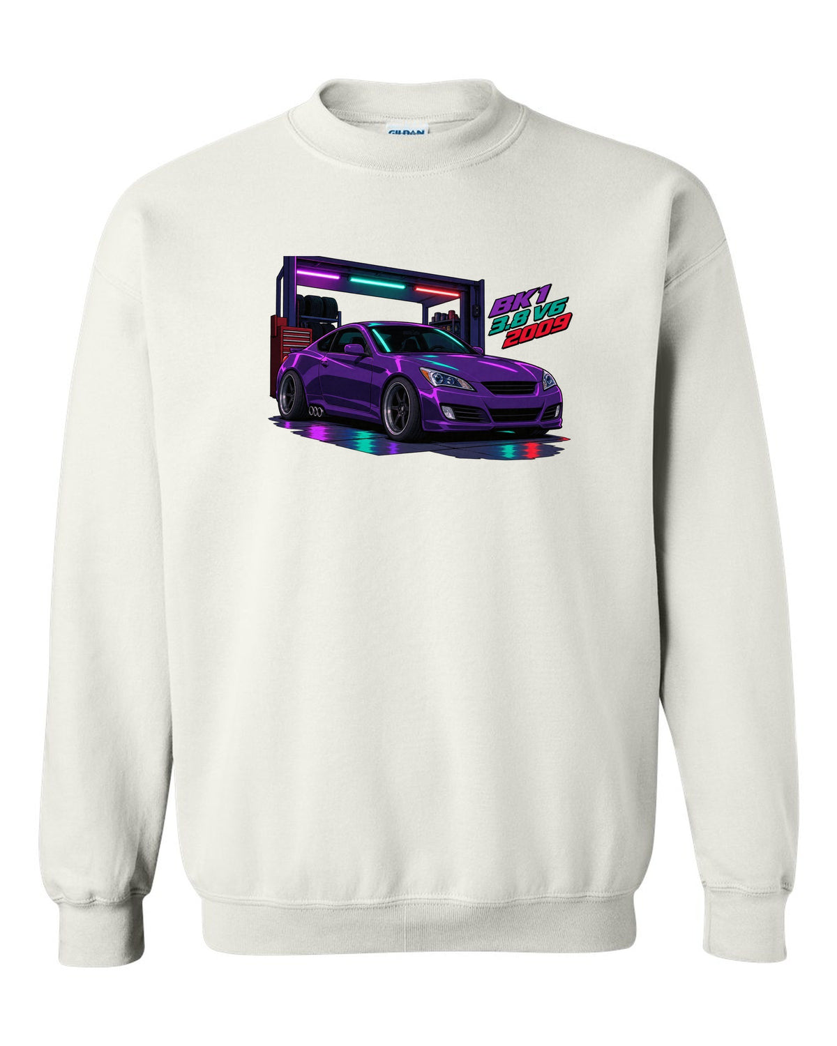 Cel-shaded anime print of a Hyundai Genesis Coupe BK1 in a garage with 3.8 V6 2009 text white crewneck front view with the design
