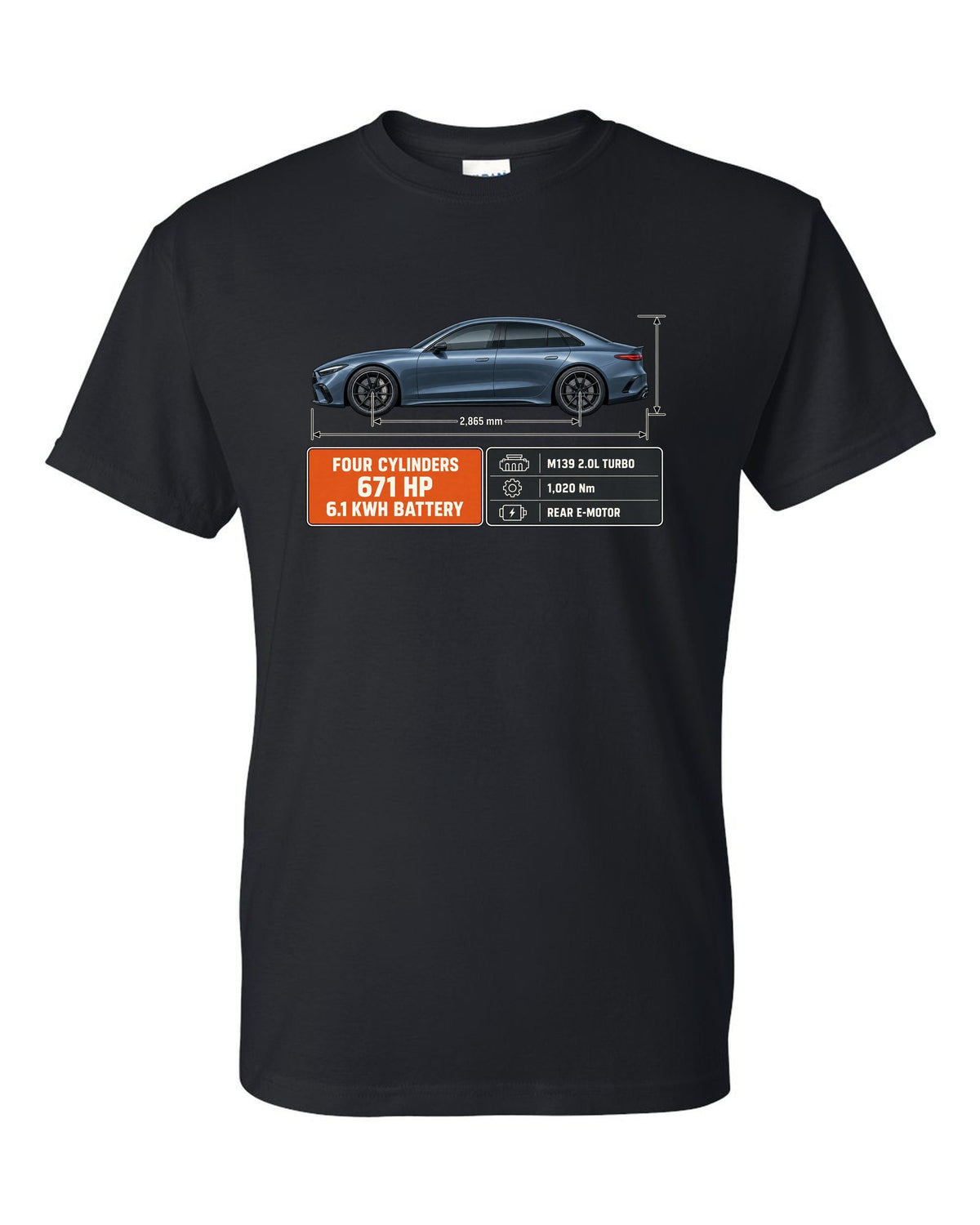 Mercedes-AMG C63 S E Performance W206 blueprint with dimension lines black t-shirt front view with the design