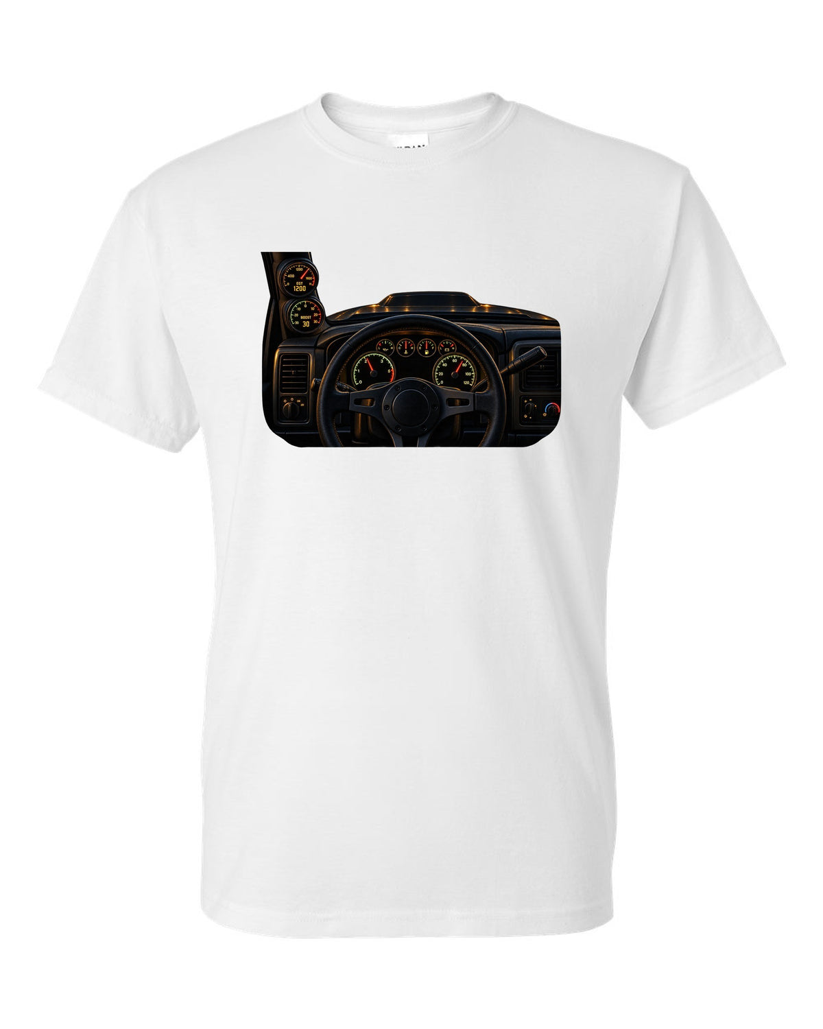 Dyno chart gauge cluster print showing EGT and boost for a Dodge Ram 2500 Cummins white t-shirt front view with the design