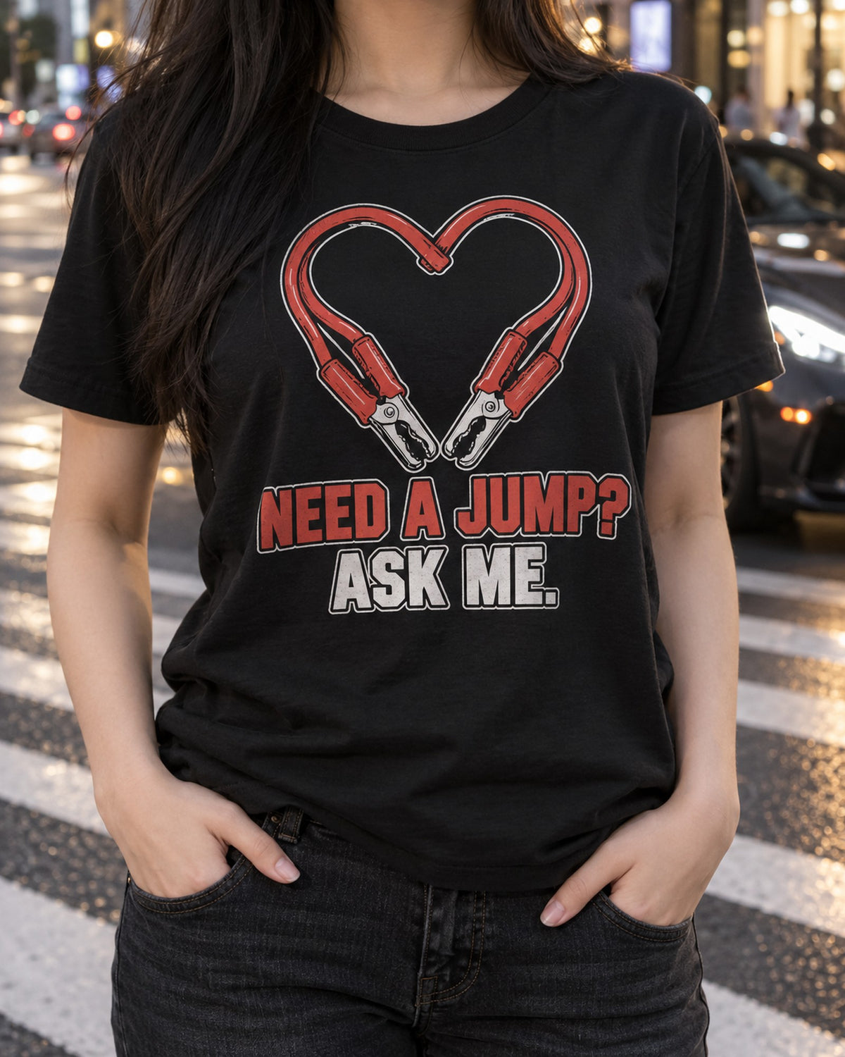 Funny Jumper Cable Heart Shirt for Car Guys T-Shirt Black worn hero