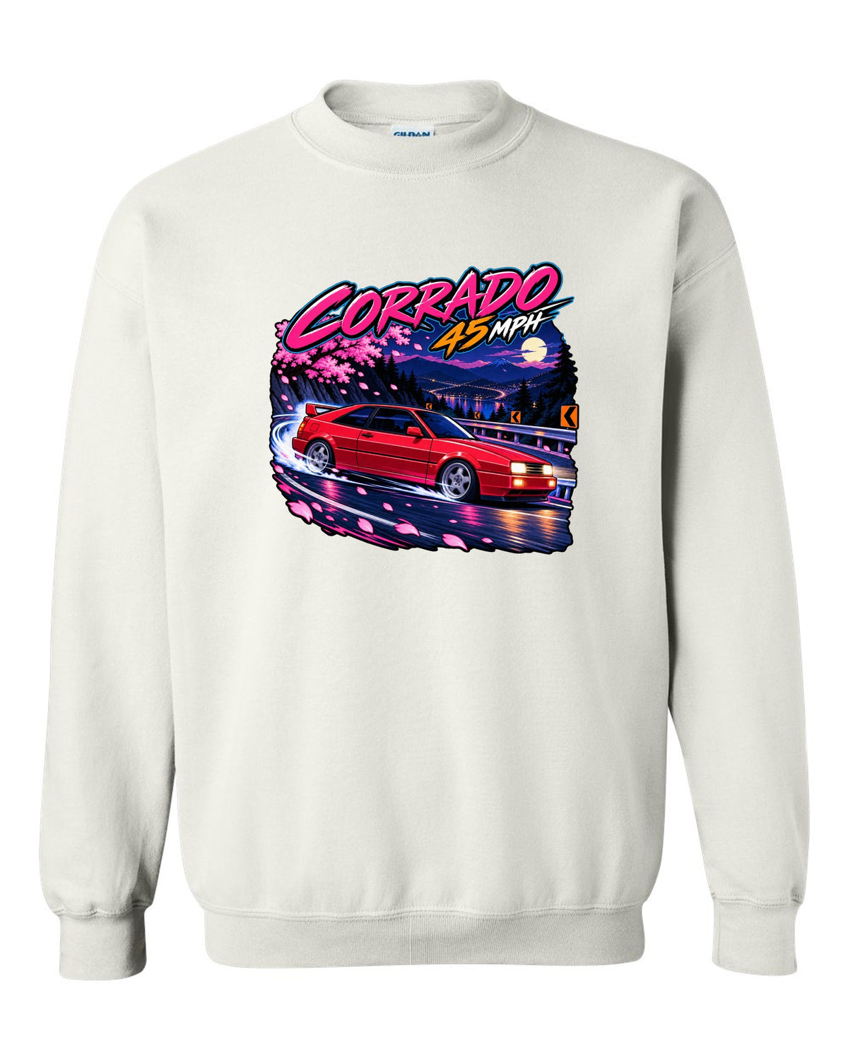 Cel-shaded anime night touge hairpin scene of a VW Corrado VR6 with Corrado 45 mph text white crewneck front view with the design