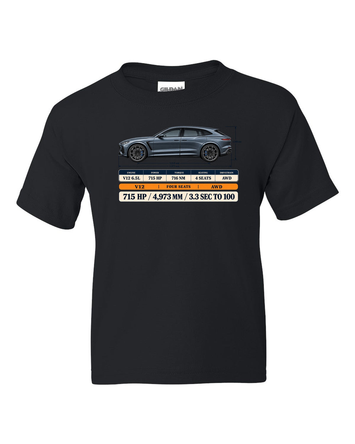 Spec poster print of the Ferrari Purosangue with power and length figures black kids tee front view with the design