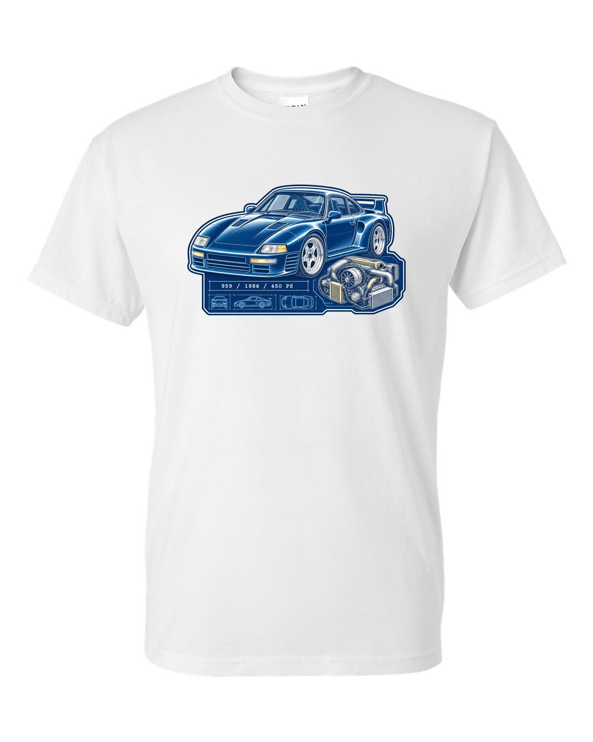 Porsche 959 cyanotype blueprint design with 1986 and 450 PS lettering white t-shirt front view with the design