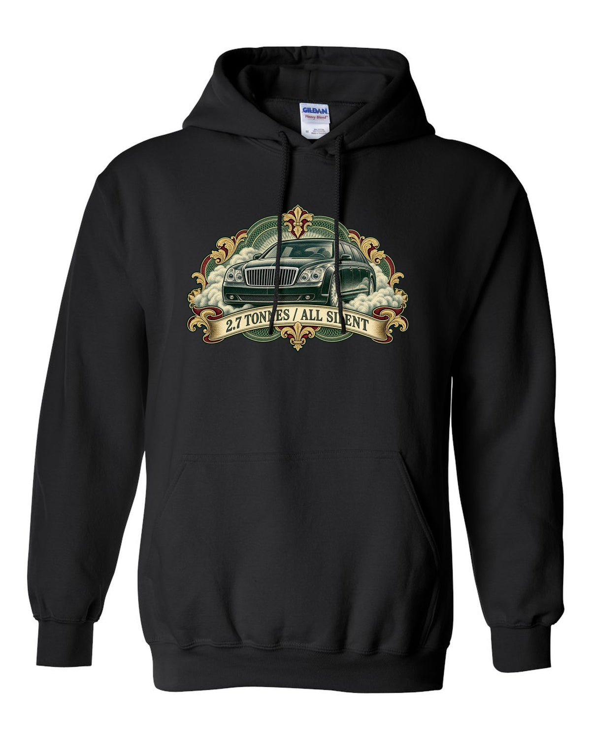 Engraved banknote style etching of a Maybach 57 W240 with 2.7 Tonnes All Silent text black pull over hoodie front view with the design