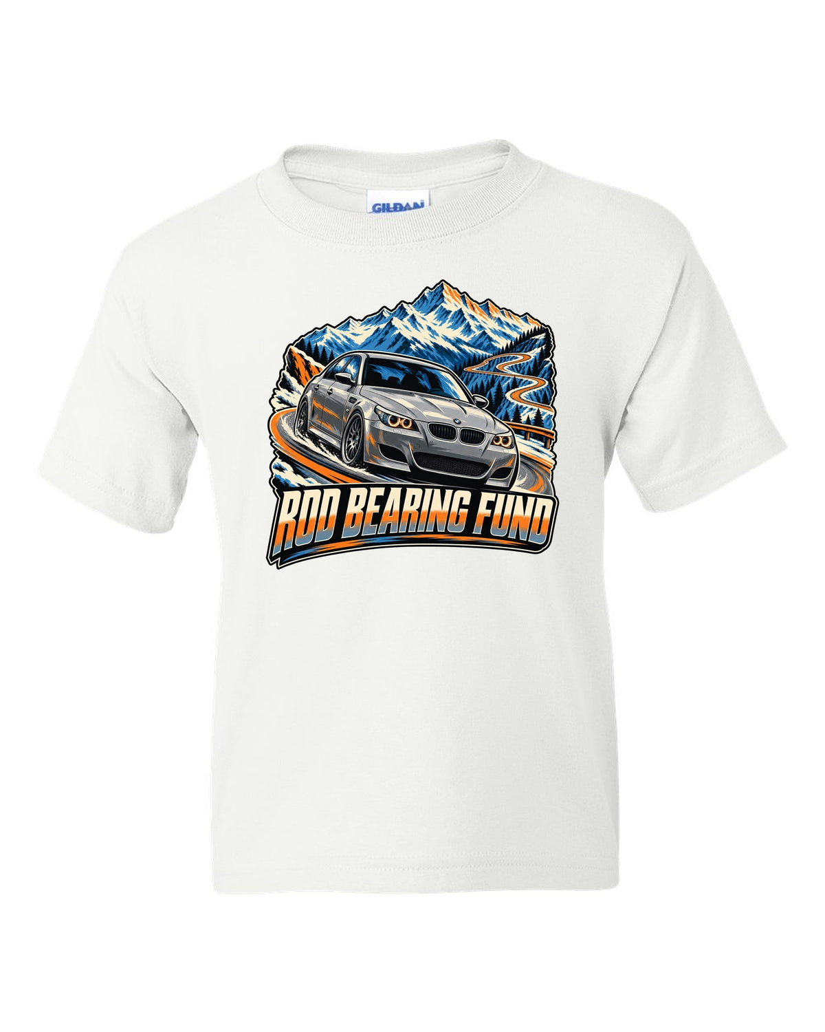 Retro Japanese showa catalogue print of a BMW M5 E28 with S38 3.5 six text white kids tee front view with the design