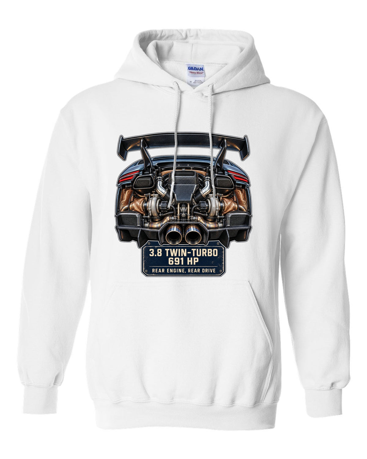 Engine hero print of a Porsche 911 GT2 RS 991.2 twin-turbo flat-six white pull over hoodie front view with the design
