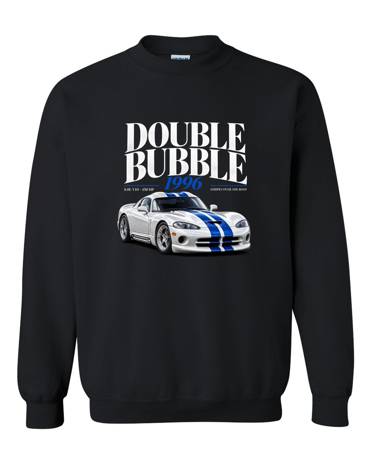 Editorial headline print of a 1996 Dodge Viper GTS SR II with double bubble and 8.0L V10 text black crewneck front view with the design