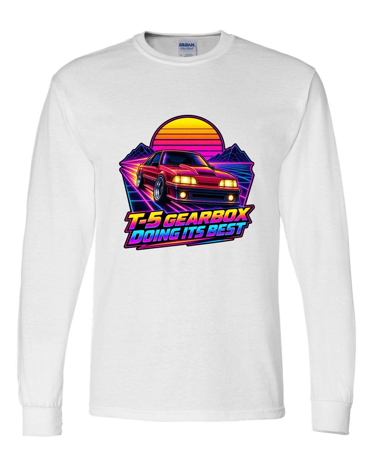 Synthwave sunset grid print of a Ford Mustang Fox Body GT with T-5 gearbox text white long sleeve front view with the design