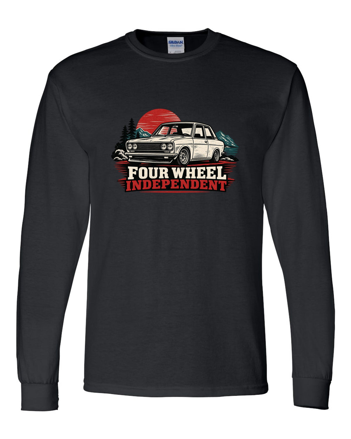Linocut print of a Datsun 510 with Four Wheel Independent lettering black long sleeve front view with the design