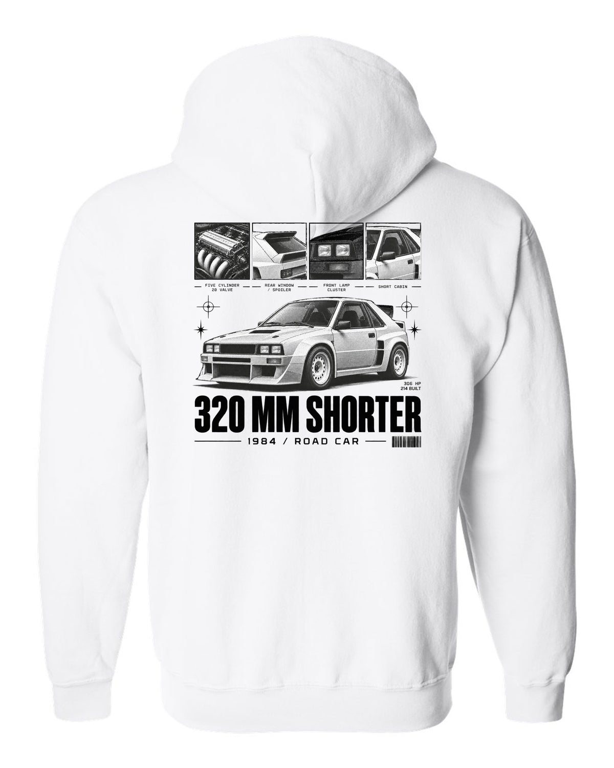 Audi Sport Quattro SWB 1984 Dossier white zip hoodie back view with the design