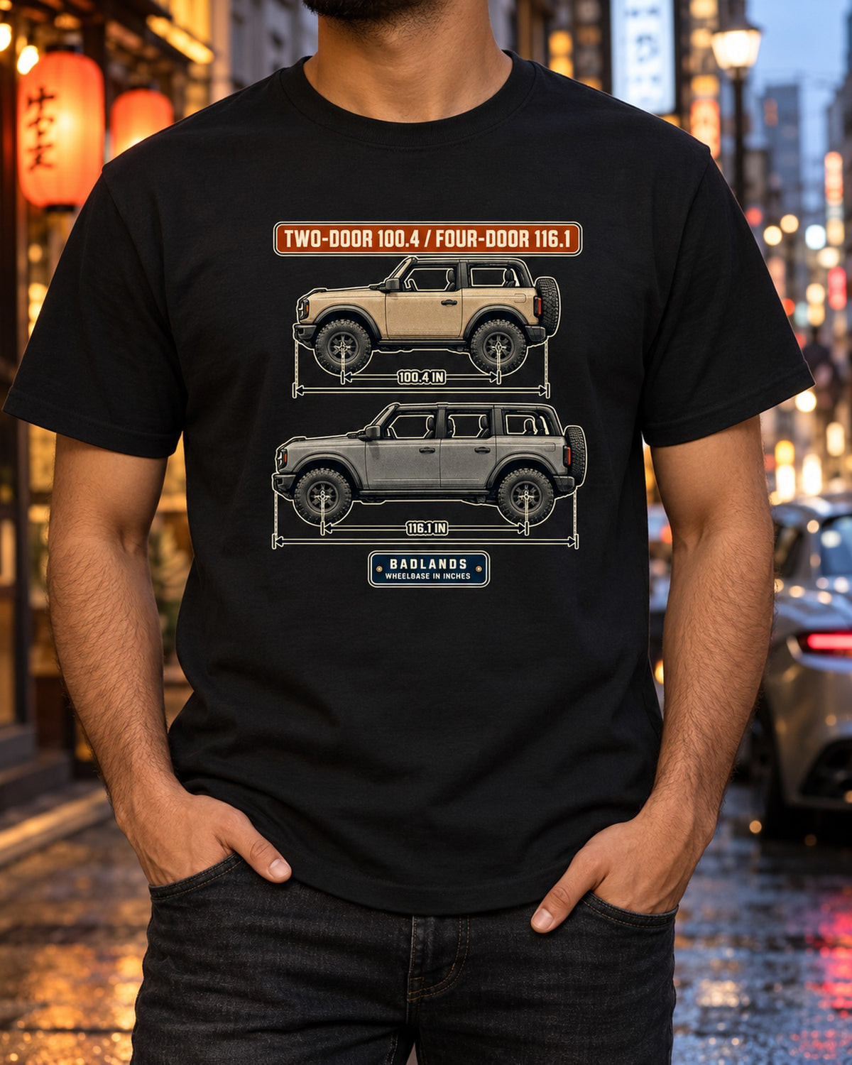 Ford Bronco Badlands Wheelbase Blueprint Shirt, Two or Four Door T-Shirt Black worn hero