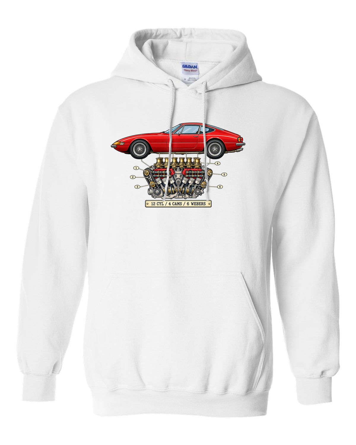 Patent-style drawing of the Ferrari 365 GTB/4 Daytona V12 engine white pull over hoodie front view with the design