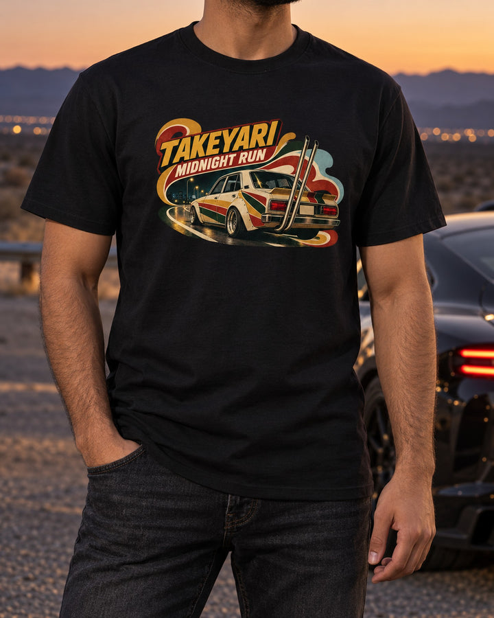 Takeyari Midnight Run Shirt, Retro Showa Japanese Car Ad T-Shirt Black worn hero