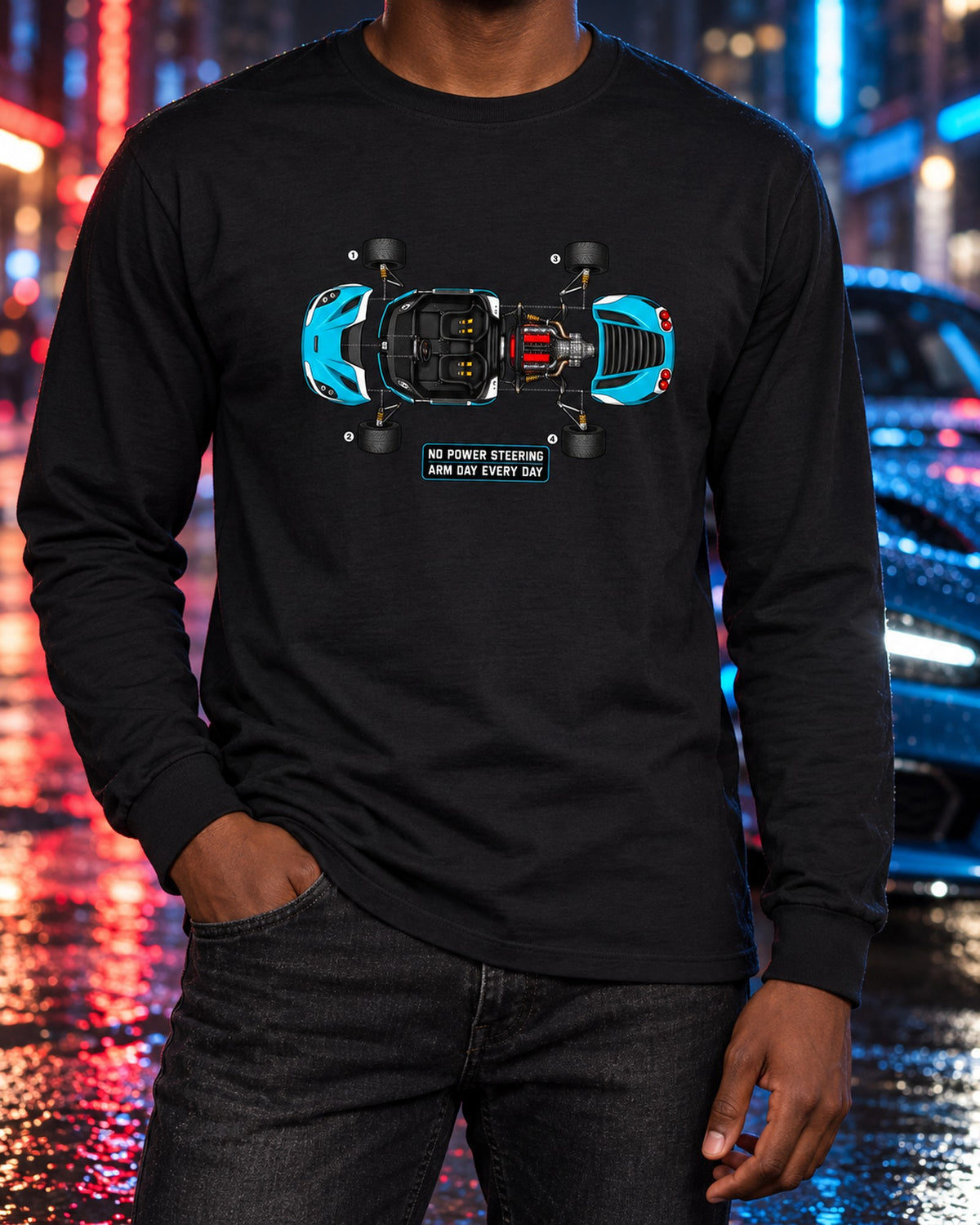Alfa Romeo 4C Exploded Blueprint Tee, Arm Day Every Day Long Sleeve Black worn hero