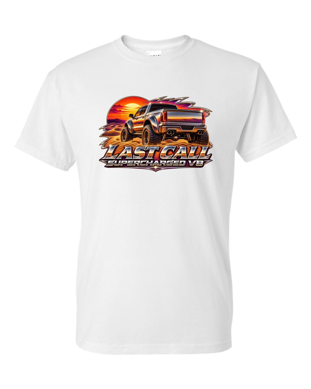 80s chrome airbrush print of a 2024 Ram 1500 TRX Final Edition on a dune with last call supercharged V8 text white t-shirt front view with the design