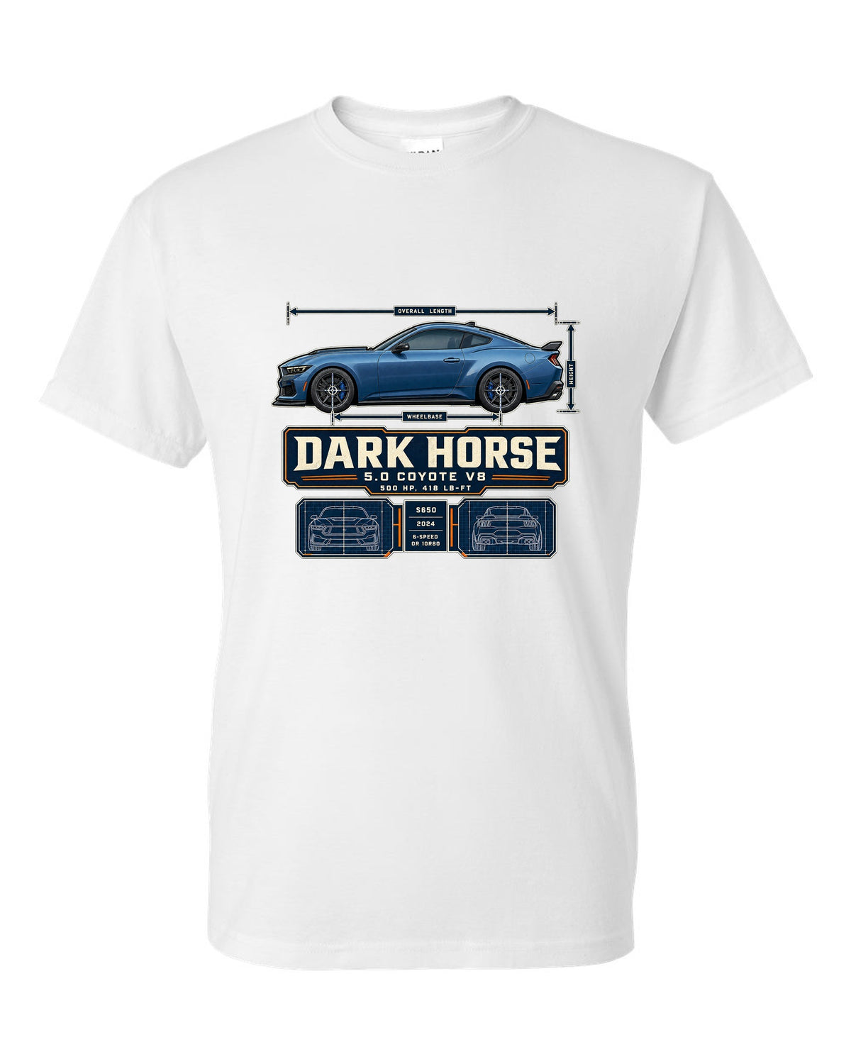 print of a Ford Mustang S650 Dark Horse dimension blueprint with 5.0 Coyote V8 and 500 HP text white t-shirt front view with the design