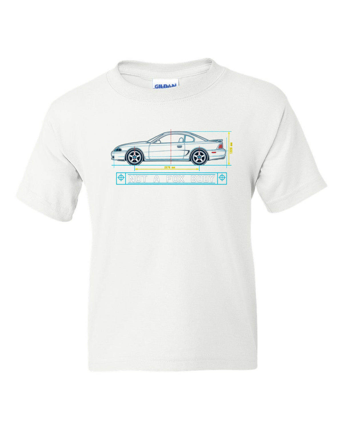 1994-98 SN95 Mustang Coupe Blueprint white kids tee front view with the design