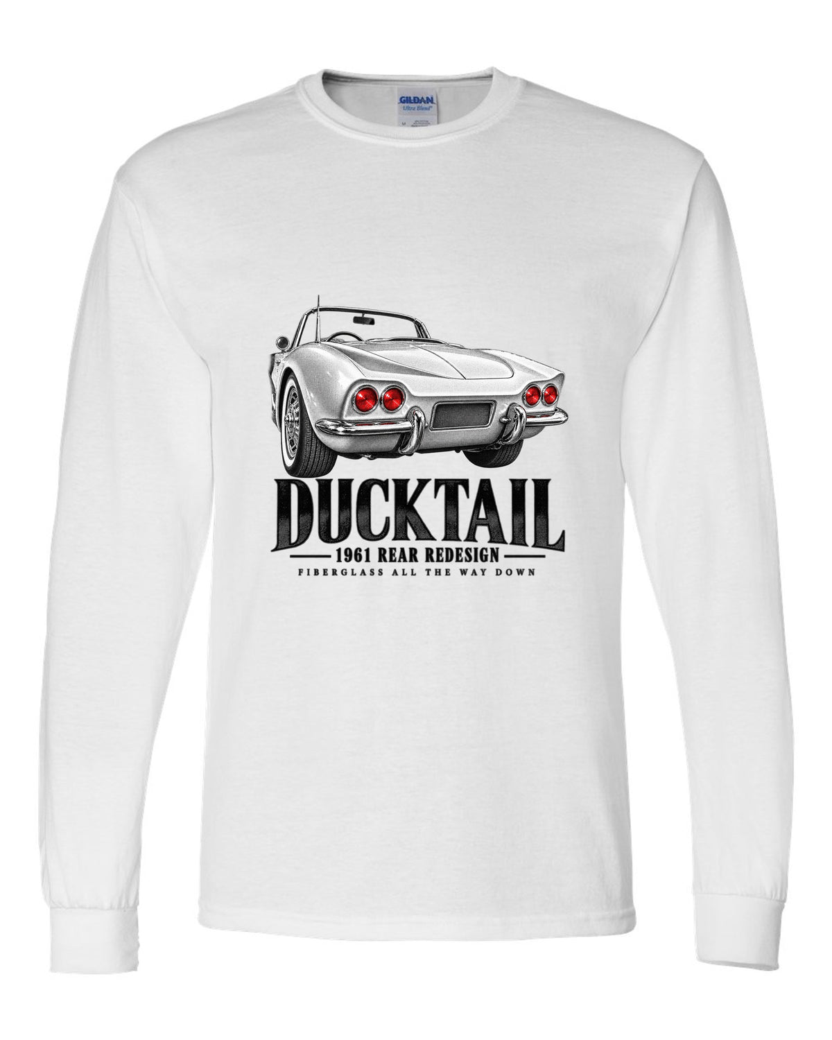 Chevrolet Corvette C1 1961 rear ducktail detail print white long sleeve front view with the design
