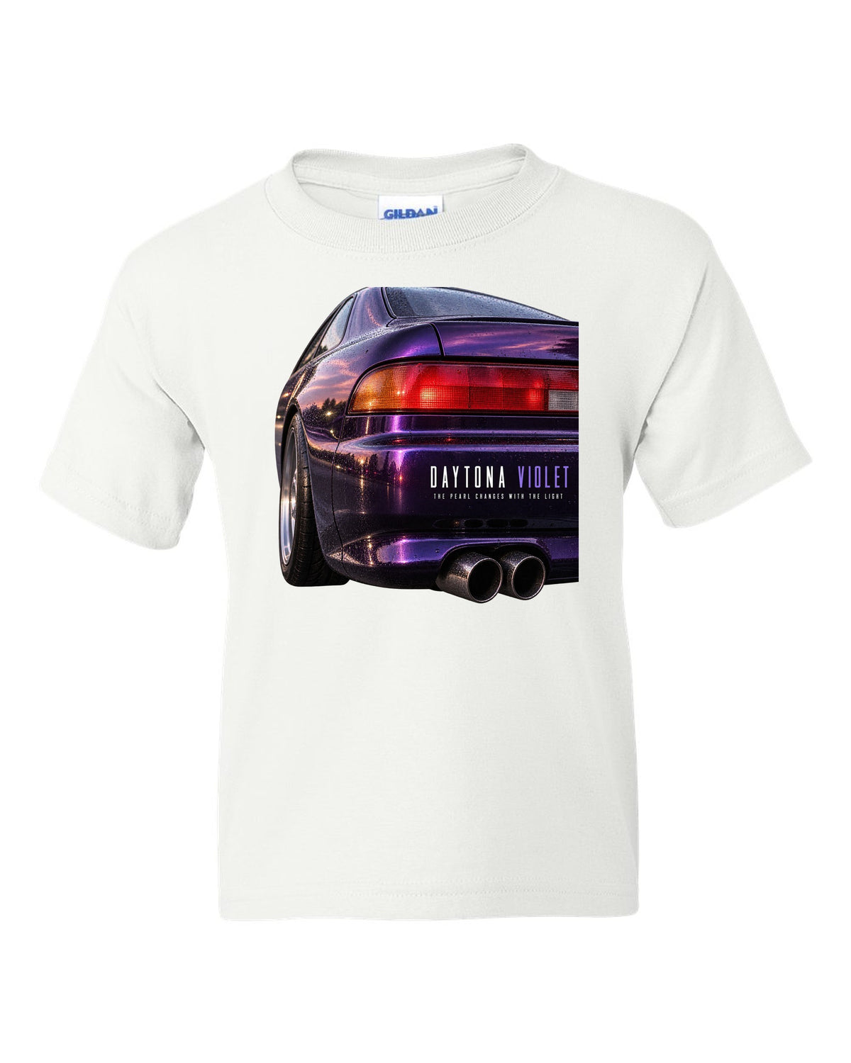 BMW E36 M3 coupe taillight macro print with Daytona Violet pearl paint text white kids tee front view with the design