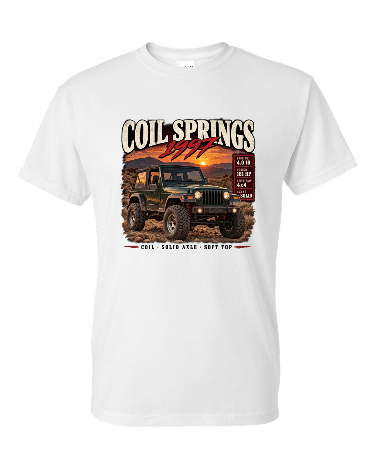 Archive panel print for the Jeep Wrangler TJ, Coil Springs 1997 Finally white t-shirt front view with the design